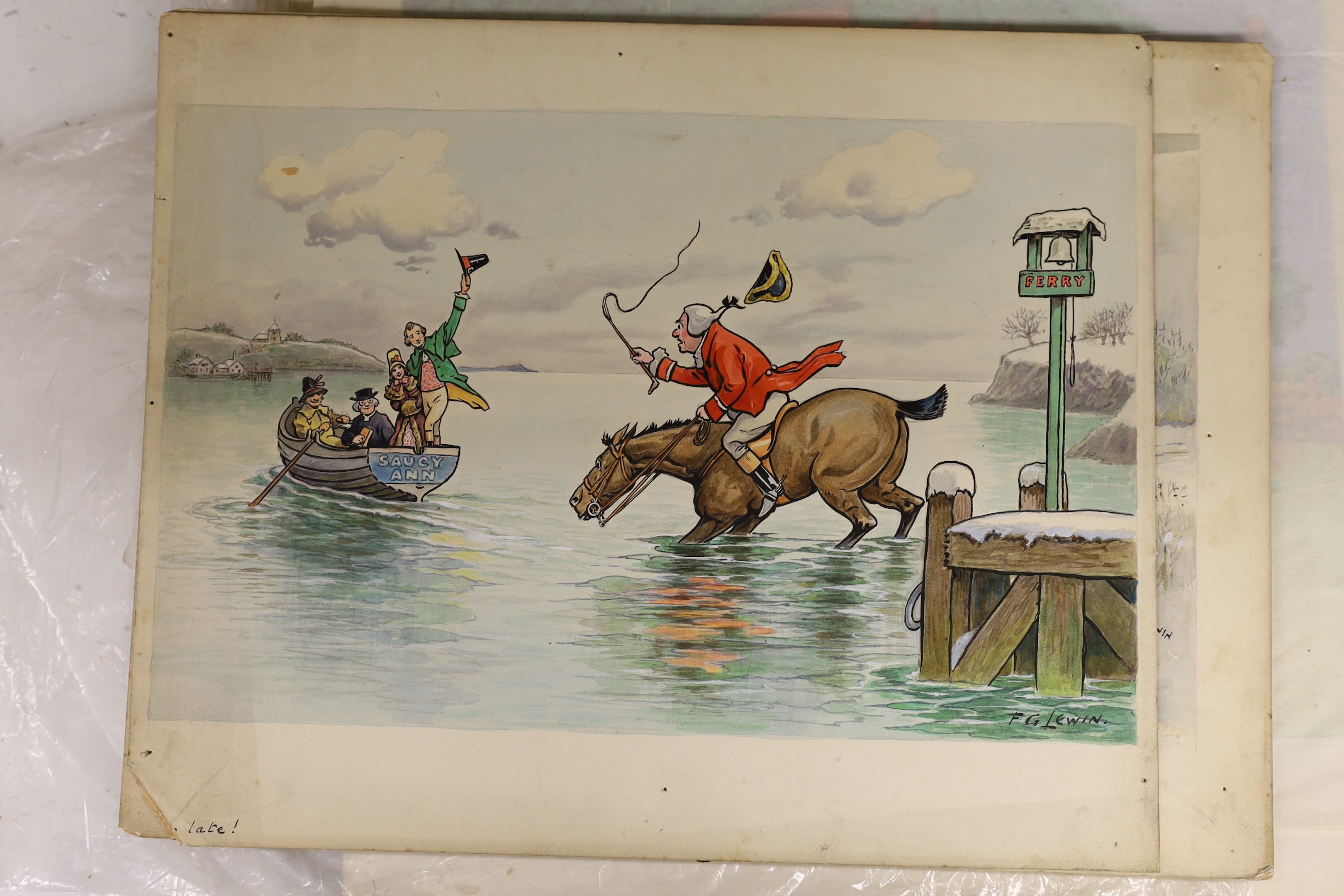 Frederick George Lewin (1861-1933), six ink and watercolour original illustrations, Old Time Christmas Coaching scenes, signed, 20 x 32cm, unframed